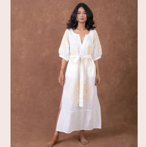 Rhea Handmade Cotton Silk Floral Embroidered White Festival Boho Midi Dress  XL - Picture 2 of 13